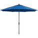 A blue Lancaster Table & Seating umbrella with a black pole.