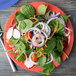 A GET Diamond Mardi Gras melamine plate with a salad of spinach, radishes, and onions.