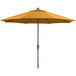 A close up of a yellow Lancaster Table & Seating umbrella with black poles.