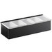 A black rectangular American Metalcraft condiment bar with five compartments on a counter.