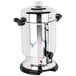 A stainless steel Hamilton Beach coffee urn with black handles and a lid.