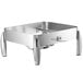 An Acopa Manchester stainless steel square chafer stand with two legs.