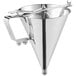 A stainless steel confectionery dispenser funnel with a handle.