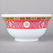 A white melamine bowl with a red and white Chinese design on it.