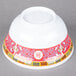 A white melamine noodle bowl with a red and yellow Longevity design.
