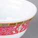 A white melamine noodle bowl with a red Longevity design on it.
