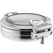 An Acopa Manchester stainless steel round chafer with a glass lid.