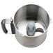 A silver metal Robot Coupe cutter bowl with a handle and a blade.