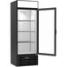 A black refrigerator with a black glass door and shelves inside.