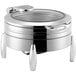 An Acopa Manchester stainless steel chafer with a glass lid on a stand.