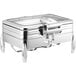 An Acopa stainless steel rectangular chafer with a glass lid on a stand.