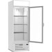 A Beverage-Air white merchandising refrigerator with a door open.