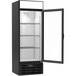 A black refrigerator with a glass door and black shelves.