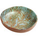 An American Metalcraft faux reclaimed wood melamine serving bowl with a blue and brown surface.
