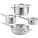 A group of stainless steel Vigor pots and pans with lids on a white background.
