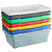 A stack of yellow, blue, and red plastic containers.