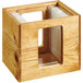 A wooden box with a clear window holding a Cal-Mil Madera carafe cooler and cold packs.