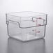A square clear plastic Cambro food storage container with red measurements.