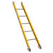 A yellow Bauer Corporation fiberglass ladder with silver metal 2-way shoes.