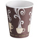 A brown and white Dart paper hot cup with brown and white steam print designs.