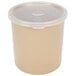 A beige Carlisle SAN plastic crock with a lid.