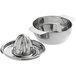 A silver stainless steel citrus juicer with bowl.