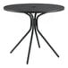 A Lancaster Table & Seating black outdoor table with a round top and modern metal legs.