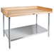 A John Boos wood top baker's table with stainless steel legs and undershelf.