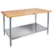 A John Boos wooden work table with stainless steel legs and undershelf.