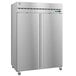 A silver Hoshizaki pass-through refrigerator with stainless steel doors.