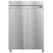 A silver Hoshizaki pass-through refrigerator with two full solid stainless steel doors.