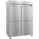 A silver Hoshizaki pass-through refrigerator with two solid doors.