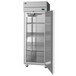 A stainless steel Hoshizaki pass-through refrigerator with open shelves.