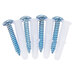 A group of blue and white screws and plastic plugs.