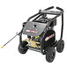 A black and silver Simpson pressure washer with a hose attached and wheels.