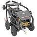 A Simpson pressure washer with a hose attached and wheels.