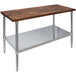 A wood and metal John Boos work table with adjustable metal shelf.