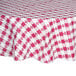 A burgundy gingham vinyl tablecloth with a red and white checkered pattern.