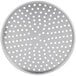 An American Metalcraft perforated heavy weight aluminum pizza pan with straight sides and holes in it.