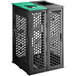A black plastic crate with a green top and handle.