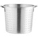 A silver aluminum vegetable colander with handles.