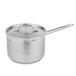 A Vollrath stainless steel saucepan with a lid.