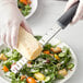 A person slicing a cheese on a plate of salad with a Choice stainless steel handheld shaver.