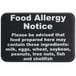 A black Tablecraft sign with white text reading "Food Allergy Notice"