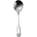 A Oneida Classic Shell stainless steel bouillon spoon with a design on the handle.