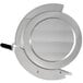 A stainless steel circular blade cover with a black handle.