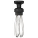 A black and silver whisk attachment with a metal handle.