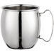 An Acopa Alchemy silver stainless steel mug with a handle.