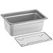 A Choice stainless steel steam table pan with a footed metal rack.