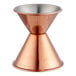 An Acopa copper measuring cup with a metal handle.